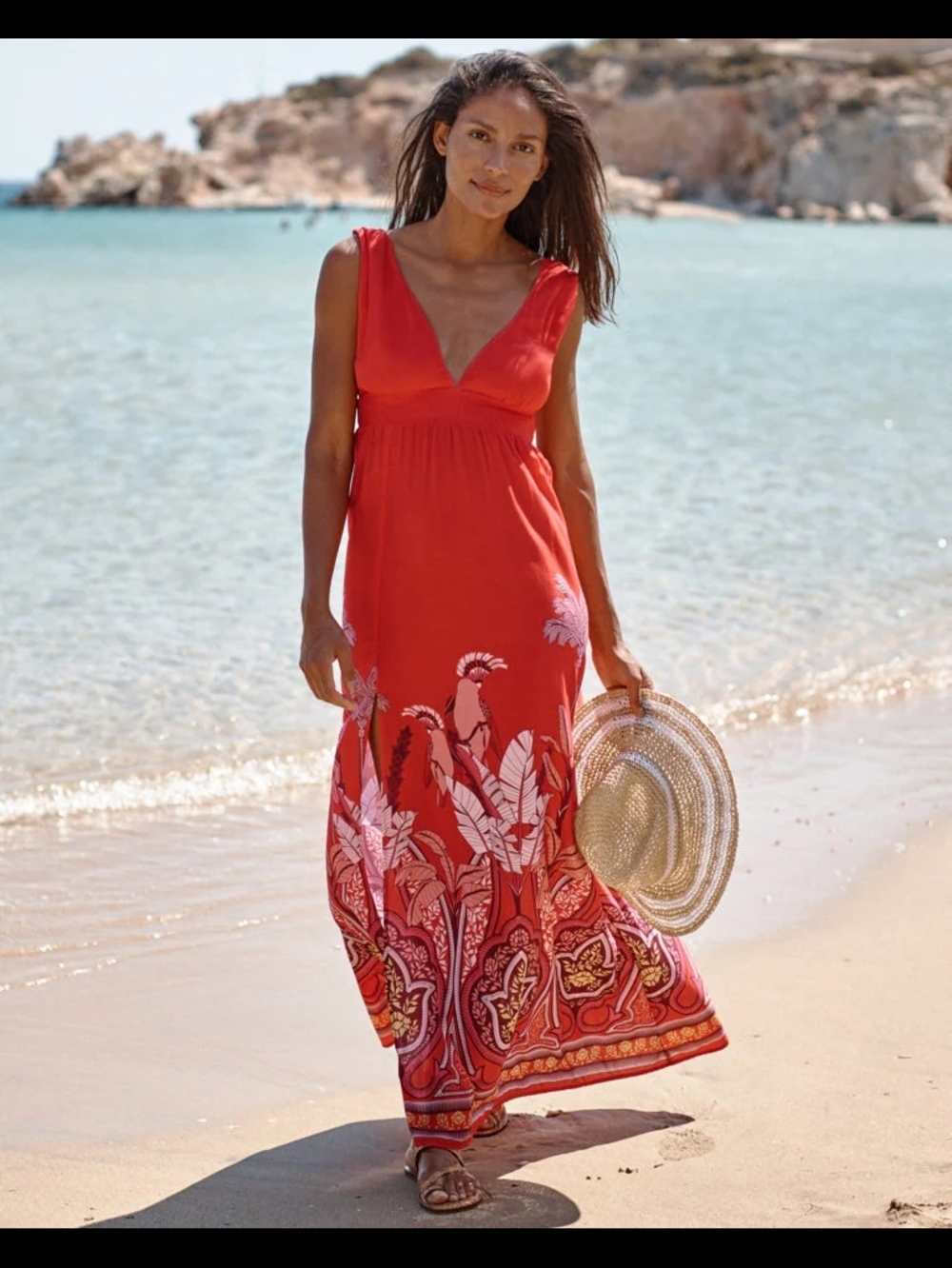 Red Tropical Print Maxi Dress